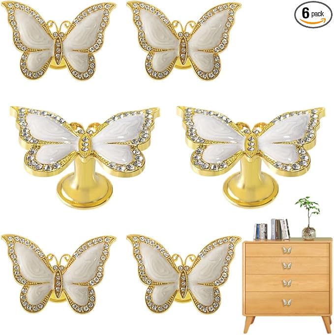 Butterfly Cabinet Knobs,6 Pieces Butterfly Knobs Single Hole Pulls Handles Decorative Door Cabinet Drawer Cupboard Furniture Door Wardrobe (Gold)