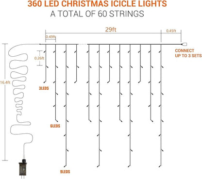 Brizled Icicle Lights Warm White, 29ft 360 LED Christmas Icicle Lights, 8 Modes Christmas Light with 60 Drops, Connectable Xmas Drop Lighting with Remote for Indoor Outdoor Christmas Wedding Holiday