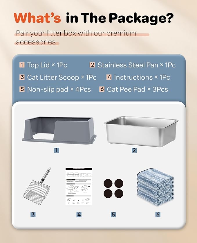 Stainless Steel Litter Box with Lid, 23.5" L x 15.8" W x 12.6" H, XL Metal Cat Box for Big Cats, High Sided Kitty Litter Box with Scoop & Pee Pads, Non-Sticky, Anti-Leakage, Easy to Clean (Gray)-Mewly Pet