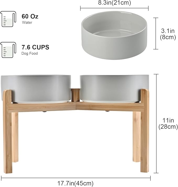 SPUNKYJUNKY Elevated Dog Bowls Ceramic, 8.3'' Dogs Food Water Bowls Raised with Non-Slip Bamboo Stand for Large Sized Breed Microwave Dishwasher Safe - 60 OZ,Grey-Mewly Pet