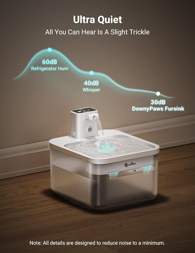 DownyPaws Battery Operated Cat Water Fountain, 84oz/2.5L Fursink Wireless Pet Water Fountain for Cats Inside, Automatic Dog Water Dispenser with Motion Sensor, Ultra Quiet Pump, BPA-Free, White-Mewly Pet