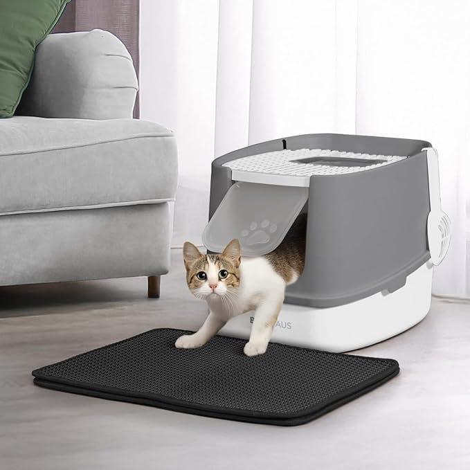 Fully Enclosed Cat Litter Box w/Lid, Scoop, Cat Mat & Odor Fitter, Large Plastic Cat Toilet with Double Door, Anti-Splashing Cat Litter Box with Lockable Front Door, Dark Grey-Mewly Pet