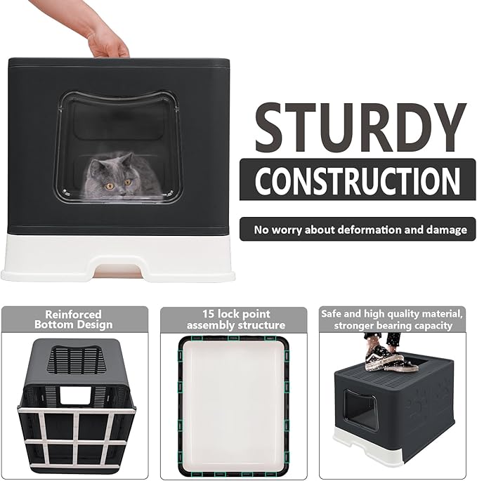 XL Foldable Cat Litter Box with Lid - Jumbo Enclosed Potty - Top Entry Anti-Splashing Toilet - Includes Scoop & 2-in-1 Cleaning Brush (Black)-Mewly Pet