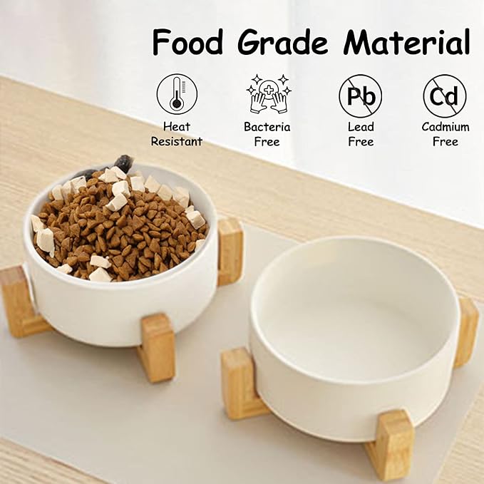Petygooing Ceramic Dog Cat Bowl Set with Stand, Pet Dog Food and Water Dish,Medium Pet Bowls Anti Slip Set of 2 Cat Bowls-White Pet Food Bowl- Small Medium Size Pet (28 OZ /3.6 Cups)-Mewly Pet