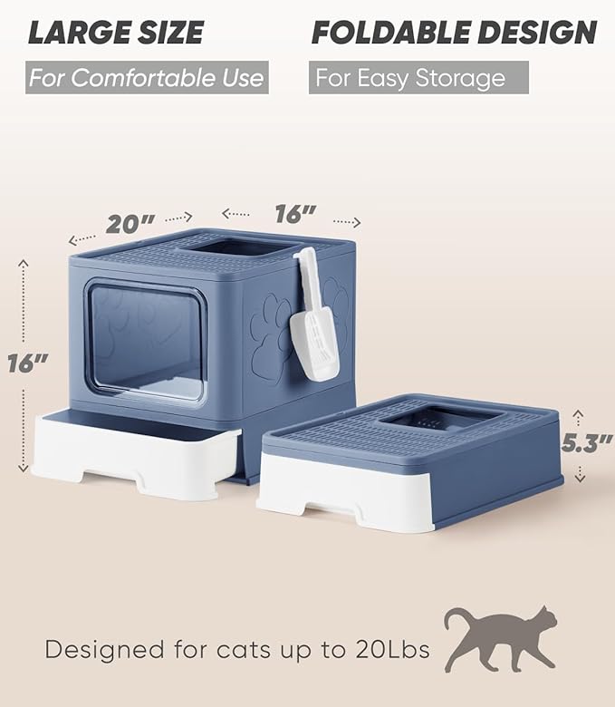 Enclosed Cat Litter Box, Large Litter Box for Big Cats, Covered Kitty Litter Boxes with Lid, Top Entry Cat Box Enclosure with Scoop, Odor Control, Easy to Clean(Blue)-Mewly Pet