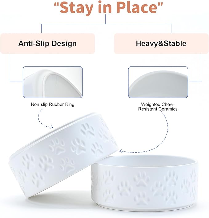 SPUNKYJUNKY Ceramic Dog Bowls 2 Pack, 7.3'' Dog Food Water Double Feeding Bowls Non-Slip for Medium to Large Sized Breed Microwave Dishwasher Safe - 42 OZ, 2pcs, Paw White-Mewly Pet