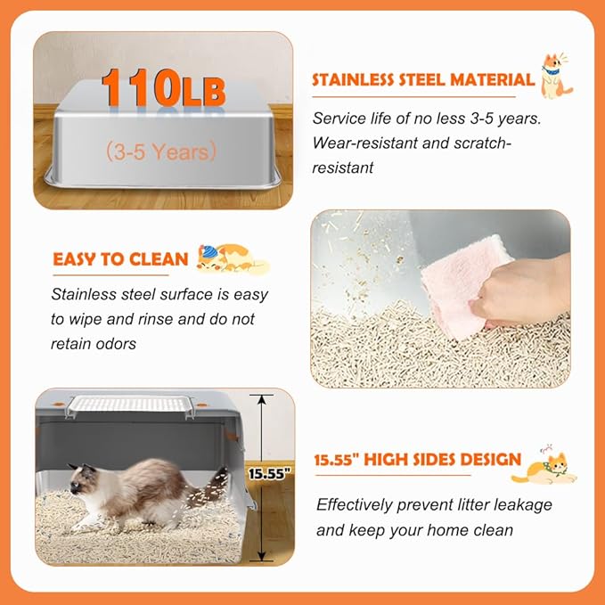 Vivifying Stainless Steel Litter Box with Lid, XL Side Entry Extra Large Litter Box for Big Cats & Kitty, Removable Enclosed Metal Cat Pan with High Sided Enclosure, Scoop, Mat, Footboard (Gray)-Mewly Pet