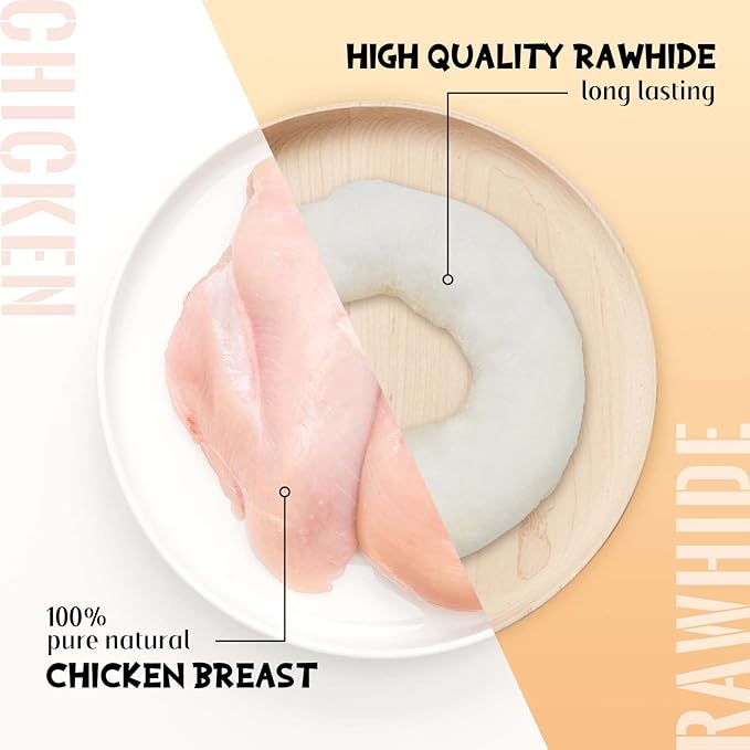 ASMPET Dog Treats Chews, Chicken Wrapped Rawhide Donuts Dental Care Chews for Small Medium Large Breed Aggressive Chewers (Pack of 4)-Mewly Pet