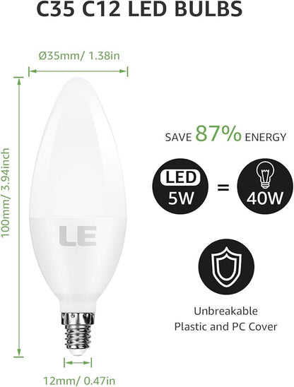 Lepro E12 LED Candelabra Light Bulbs, 5.5 watt, 40 watt Equivalent C37 B11 Ceiling Fan Bulb Chandelier Bulbs, 2700 Kelvin Warm White Type B Small Base Candle Lights, Frosted Plastic Shell, 6-Pack