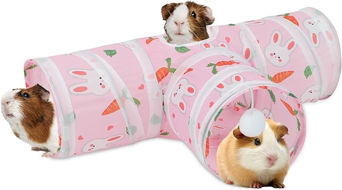 Rypet Guinea Pig Tunnel 3 Way Collapsible Small Pet Tunnels and Tubes with Interactive Ball for Baby Rabbit Ferret Hamster Chinchilla Hedgehog Hiding and Resting-Pink-Mewly Pet