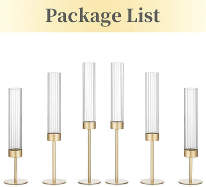 Hewory Gold Hurricane Candle Holders: Brass Candlestick Holders Set of 6 Tall Taper Candle Holders for Candlesticks Candle Sticks Holder Decor for Table Centerpiece Wedding Party Christmas Decorations