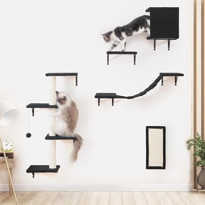 Modern Wall-Mounted Cat Furniture - 5pcs Cat Wall Shelves, Wooden Climber Includes House, Bridge, Tree, Steps, and Scratcher (Black)-Mewly Pet