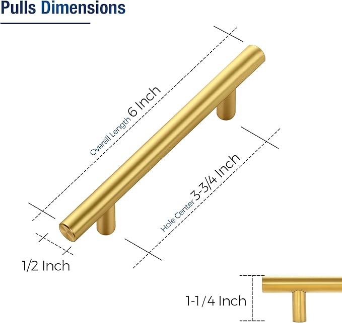 JOY DECOR 5 Pack Cabinet Handles, Gold Cabinet Pulls, 3-3/4 in Hole Center Kitchen Cabinet Handles, Stainless Steel T Bar Handles for Dresser Drawers
