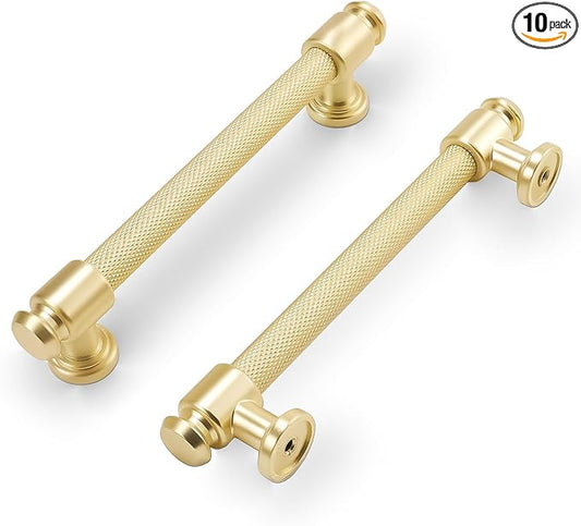 10 Pack 5 inch(128mm) Brushed Brass Kitchen Cabinet Handles Knurled Cabinet Pulls Gold Drawer Pulls Kitchen Cabinet Hardware