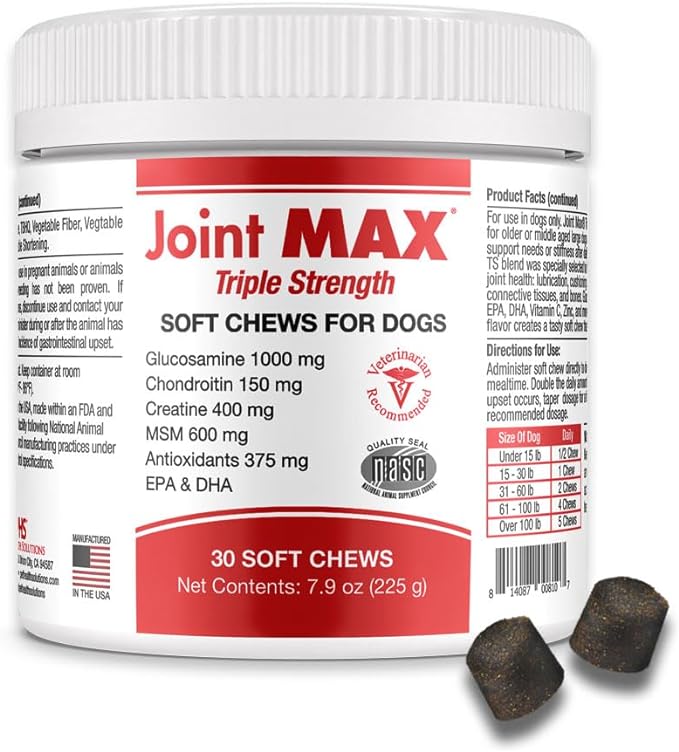 PHS Joint MAX Triple Strength (TS) Soft Chews for Dogs - Glucosamine, Chondroitin, MSM, Turmeric, Omega 3 - Hip and Joint Pain Relief and Support for Dogs - Made in USA - 30 Soft Chews-Mewly Pet