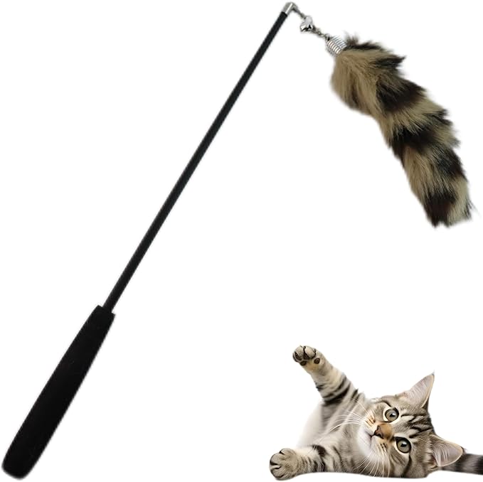 Interactive Cat Wand Toy with Cat Dancer, Retractable Feather Fox Tail Teaser for Indoor Cats, Enrichment Play Kittens to Senior Cats(Moon Grey)-Mewly Pet