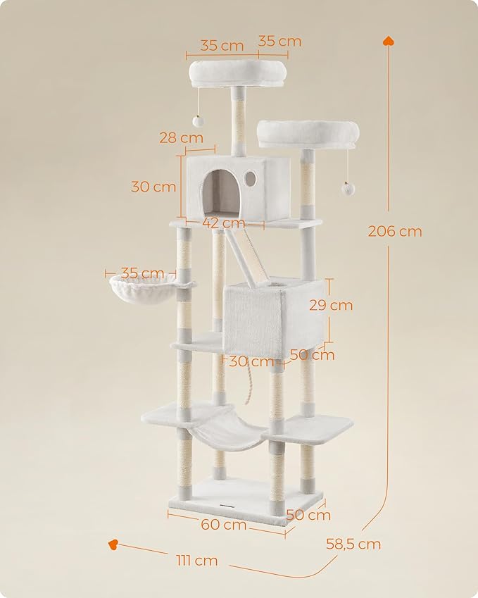 Feandrea Cat Tree, 81.1-Inch Large Cat Tower with 13 Scratching Posts, 2 Perches, 2 Caves, Basket, Hammock, Pompoms, Multi-Level Plush Cat Condo for Indoor Cats, Cream White UPCT190T01-Mewly Pet