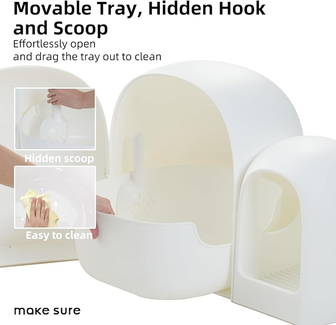 MS!MAKE SURE Cat Litter Box, Large Covered Hidden Dog Proof Closed Modern Cat Litter Box Furniture with Scoop, for Odor Control and Less Tracking, Easy to Clean,26.7"x19.6"19.6", Snow White-Mewly Pet