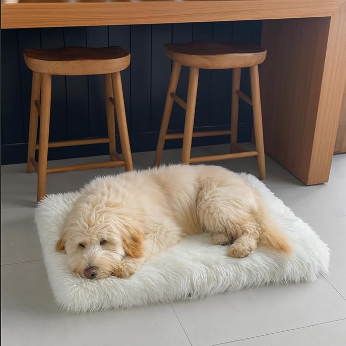 IHAPPYDOG Luxury Faux Fur Orthopedic Dog Beds, Memory Foam Crate Bed for Small, Medium, Large and XL Pets, Fluffy Pet Bed with Waterproof and Washable Cover, Fits Crates (White, 35" x 23")-Mewly Pet