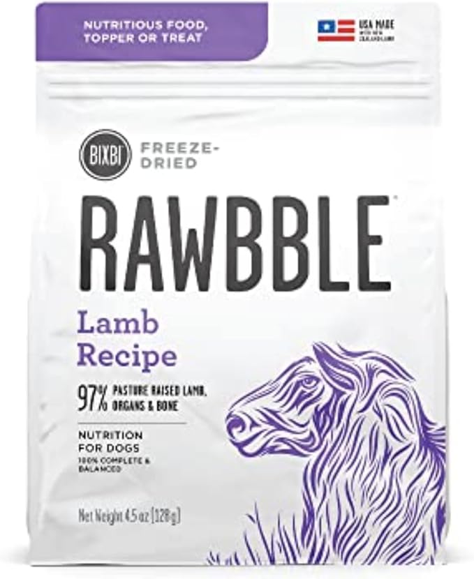 BIXBI Rawbble Freeze Dried Dog Food, Lamb Recipe, 4.5 oz - 97% Meat and Organs, No Fillers - Pantry-Friendly Raw Dog Food for Meal, Treat or Food Topper - USA Made in Small Batches-Mewly Pet