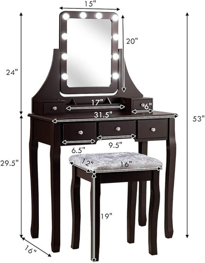 CHARMAID LED Vanity Desk with Lighted Mirror, 10 Dimming Bulbs, 5 Drawers, 3 Storage Organizers, Makeup Vanity Desk with Stool, Bedroom Dressing Table, Gift for Girls Women (Espresso)