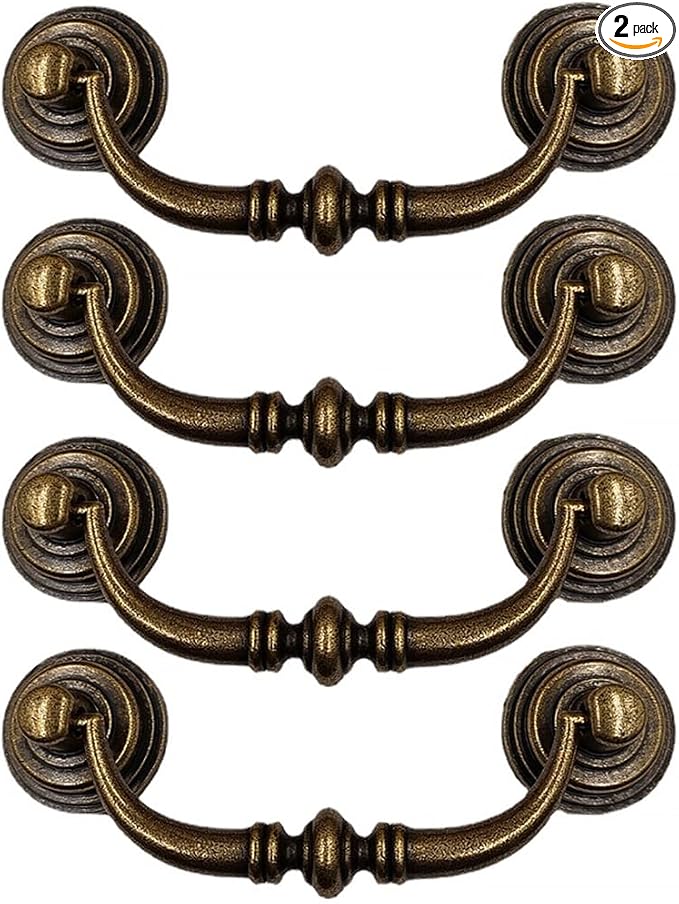 4PCS Retro Dresser Drawer Drop Bail Pulls Handles Classic Metal Swing Handles Hole Centers for Kitchen Bedroom Decoration (Brass)