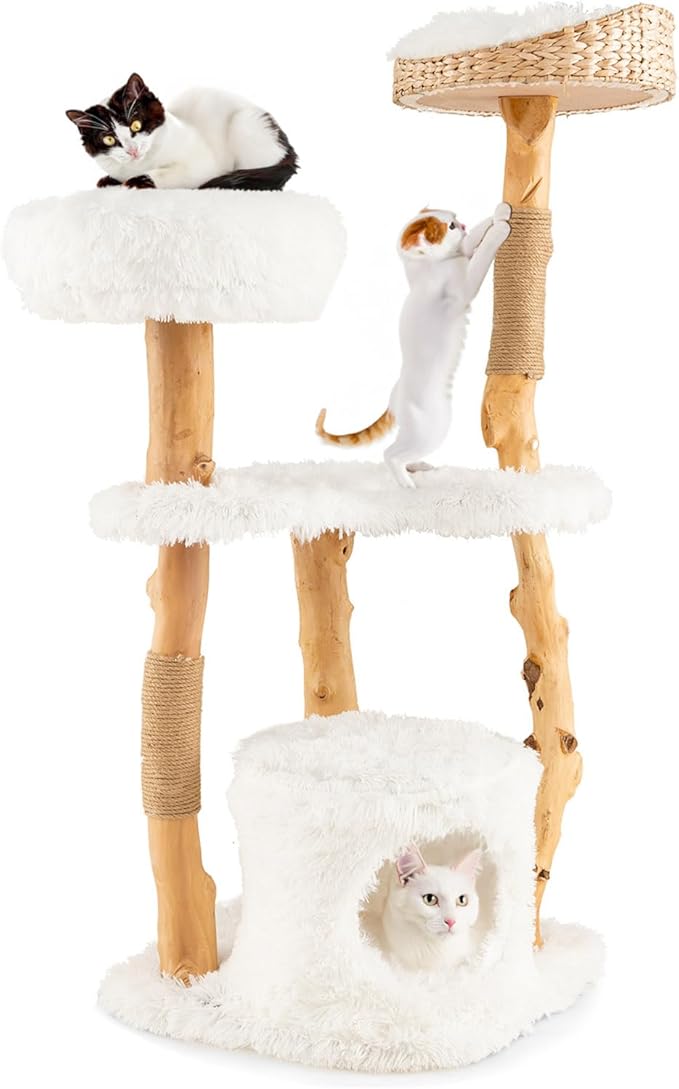 Tangkula Cat Tree Tower, Solid Wood Modern Cat Tower with Top Cattail Basket Bed, Side Perch, Large Platform & Condo, Cute Cat Tree with Scratching Posts for Indoor Cats Large Adult-Mewly Pet