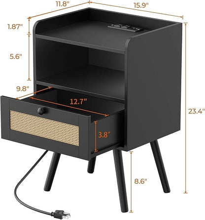 SUPERJARE Nightstand with Charging Station & Rattan-Like Decor Drawer, Rattan End Table with Solid Wood Feet, Bed Side Table with Open Storage, for Bedroom, Living Room, Dormitory - Black