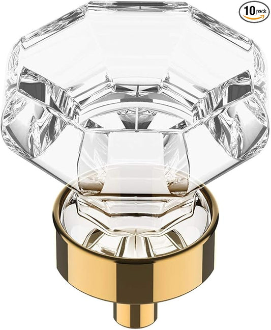 Alzassbg 10 Pack Clear Crystal with Gold Cabinet Knobs, 1-3/8 Inch(35mm) Cabinet Hardware Octagon Glass Crystal Knobs for Drawers AL1021