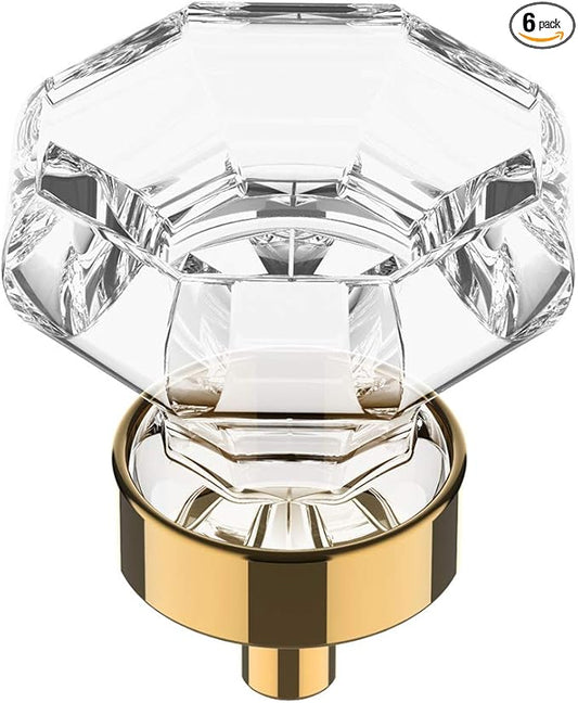 Alzassbg 6 Pack Clear Crystal with Polished Brass Cabinet Knobs, 1-3/8 Inch(35mm) Cabinet Hardware Octagon Glass Crystal Knobs for Drawers AL1021BG