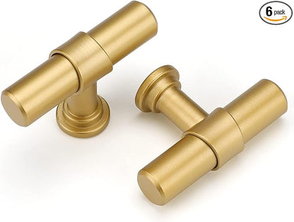 LONTAN 6 Pack Gold Cabinet Knobs Matte Gold Kitchen Cabinet Knobs for Dresser Drawers Brushed Gold T-bar Hardware for Dresser Bathroom