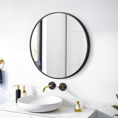 20" Round Mirror Circle Wall Mounted Hanging or Against Wall Metal Frame Dressing Make-up Mirrors for Entryway Bedroom Bathroom Living Room 20 inch Black