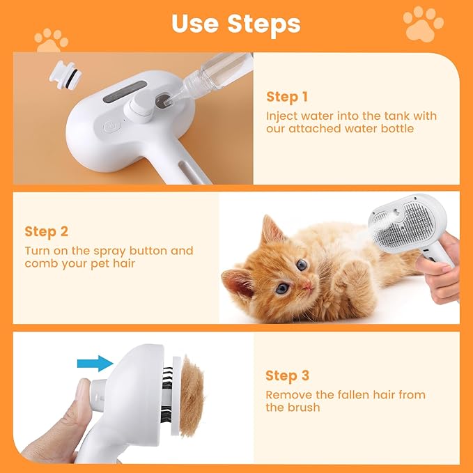 3 in 1 Cat Steam Brush, Pet Steam Brush for Cat Dog Long Short Haired, Pet Spray Hair Removal Comb for Small Animals Shedding & Grooming, Water Mist Spray Brushes with Release Button(White)-Mewly Pet