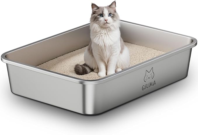 Extra Large Stainless Steel Cat Litter Box, 27.5" L×19.6" W×5.9" H, XXL Metal Kitty Litter Pan with High Sides, Odor-Free, Non-Stick, Easy to Clean, Ideal for Big Cats & Multi-Cat-Mewly Pet