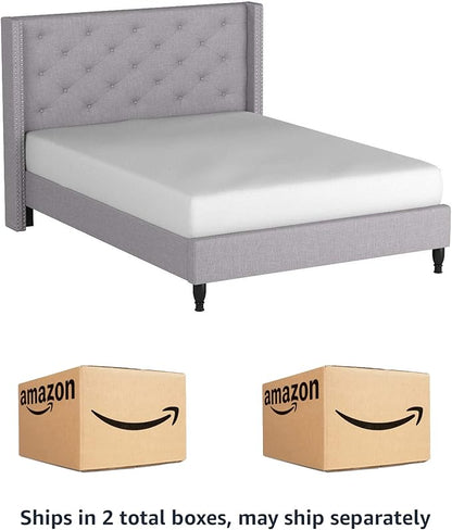 HomeLife Premiere Classics Cloth Light Grey Silver Linen 51" Tall Headboard Platform Bed with Slats Queen- Complete Bed 5 Year Warranty Included-007