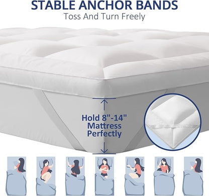 ELEMUSE 1300 GSM Mattress Topper Queen with Baffle Box Design,Extra Thick Cooling Pillow Top Pad, 400TC Cotton Cover, Plush & Support Snow Down Alternative, White