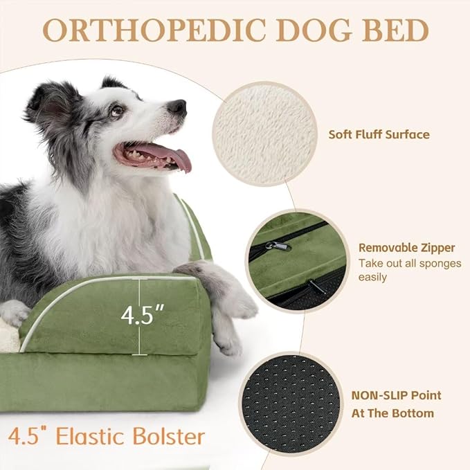 Comfort Expression Waterproof Dog Beds for Large Dogs, Orthopedic Large Breed Dog Beds, Comfy Pet Bed Sofa with Washable Removable Cover & Non-Slip Bottom(Light Green)-Mewly Pet