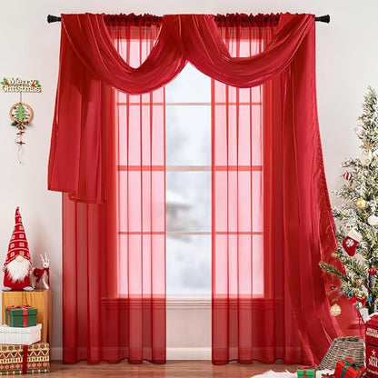 MIULEE Christmas Sheer Window Scarf Valance Extra Long Topper Elegant Swag Curtains Luxury Draping Fabric for Wedding Arch Party Ceremony Canopy Bed Living Room, 54'' x 216'', 1 Panel Red