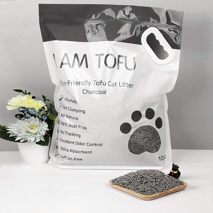 I AM TOFU - Tofu Cat Litter, Natural, Flushable, Dust Free Extra Clumping Pellet Litter (10 lb Bag, Charcoal)-Mewly Pet