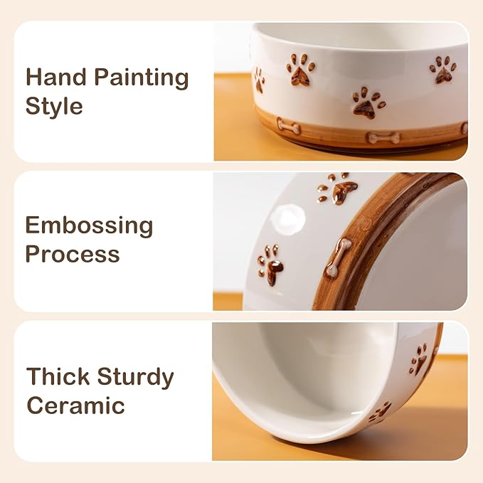Ceramic Dog Bowls for Small and Medium Dogs, 32 OZ Dog Food and Water Bowl Set with Wooden Stand and Non-Slip Silicone Food Mat, Weighted Embossed Cute Puppy Bowls Feeding Dishes Set of 2-Mewly Pet