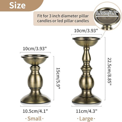 Bronze 2 Pcs Iron Pillar Candle Holders, Most Ideal for 3" Pillar Candles, Gifts for Wedding, Party, Home, Spa, Reiki, Votive Candle (S + L)