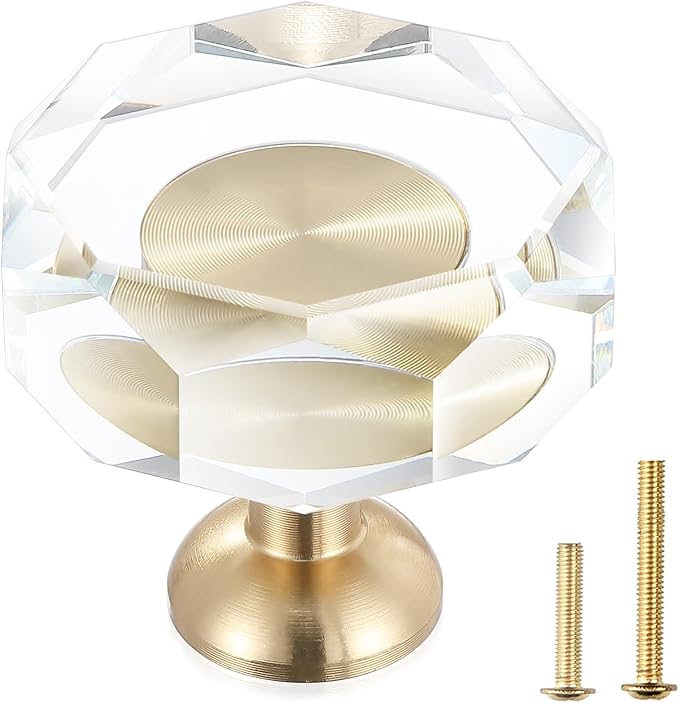 24-Pack 1-1/4-Inch White Cabinet Glass Crystal Patterned knob Brass Drawer Dresser Pulls, Gold Hardware Kitchen Closet knobs for Bifold Doors