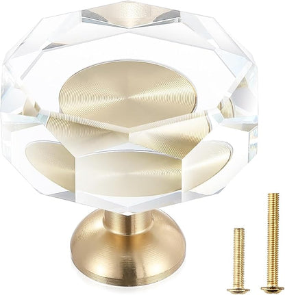 6-Pack 1-1/4-Inch White Cabinet Glass Crystal Patterned knob Brass Drawer Dresser Pulls, Gold Hardware Kitchen Closet knobs for Bifold Doors