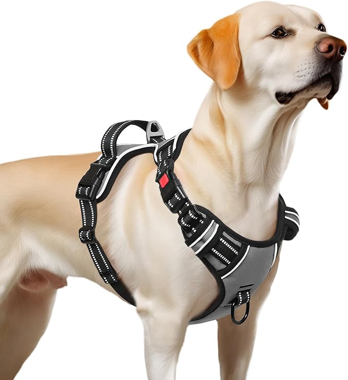 Timos Dog Harness Large Sized, No Pull with Neck Lockable Snap,No Choke Front Clip Dog Reflective Harness,Adjustable Metal Rings 3 Buckles,Easy Control Handle for Large Dogs Gray L-Mewly Pet