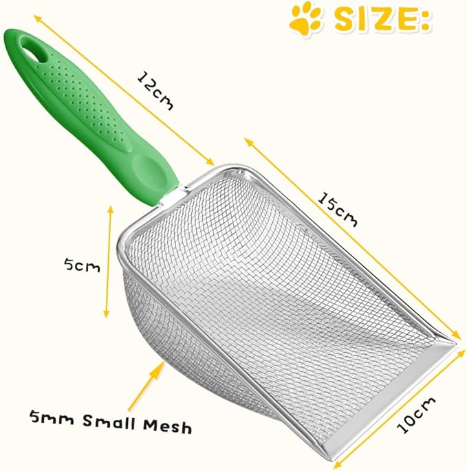 Metal Cat Litter Scoop,Sturdy Litter Cleaner Corner Shovel,Stainless Steel Mesh Litter Shovel,Easy to Clean Reptile Terrarium Sand Waste(Green)-Mewly Pet