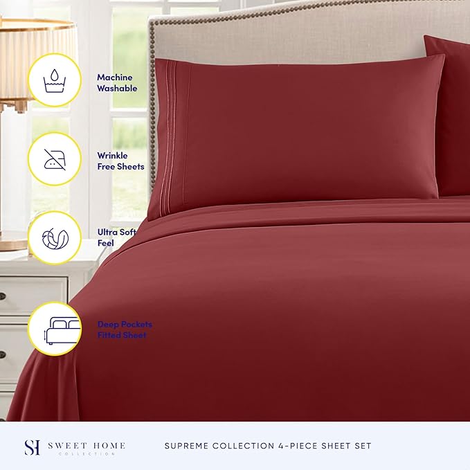 Twin XL Sheets - Breathable Luxury Sheets with Full Elastic & Secure Corner Straps Built In - 1800 Supreme Collection Extra Soft Deep Pocket Bedding Set, Sheet Set, Twin XL, Burgundy