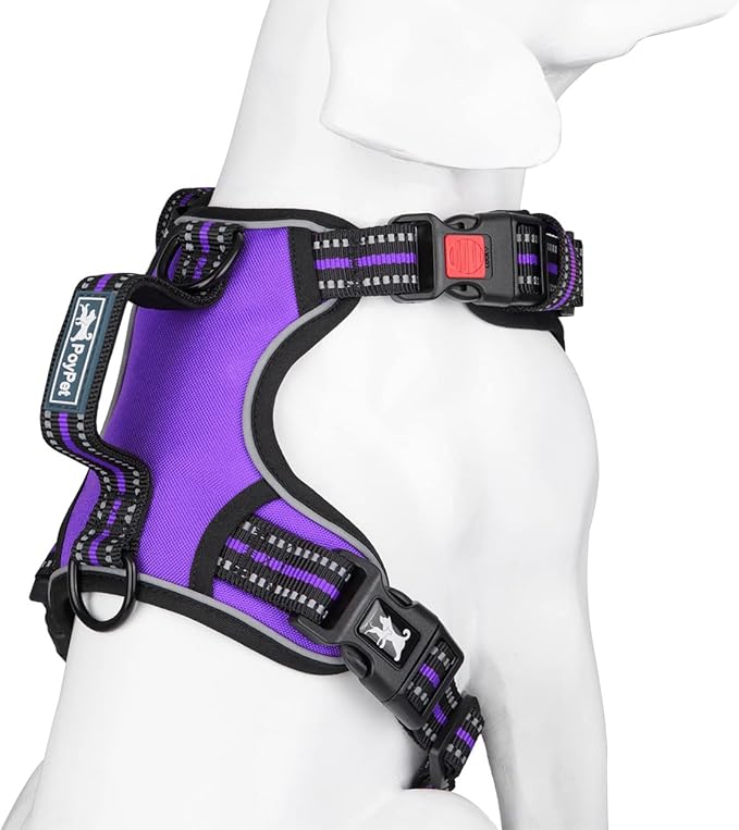 PoyPet No Pull Dog Harness, No Choke Front Clip Reflective Dog Vest with Soft Padded Vertical Handle, 3 Leash Attachments for Small Medium Large Dogs (Purple,L)-Mewly Pet