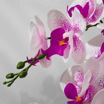 LESING Artificial Orchid Flower with Vase Realistic Orchids Faux Flower Fake Orchid Bonsai Plants in Pot Arrangement for Home Wedding Party Dining Table Centerpiece Decor (White Purple,Silver Vase)