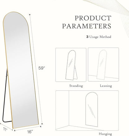 DUMOS Arched Wall-Mounted Full Length Mirror 60"x16" for Bedroom, Full Body Floor Mirror with Stand, Hanging or Leaning for Wall, Gold