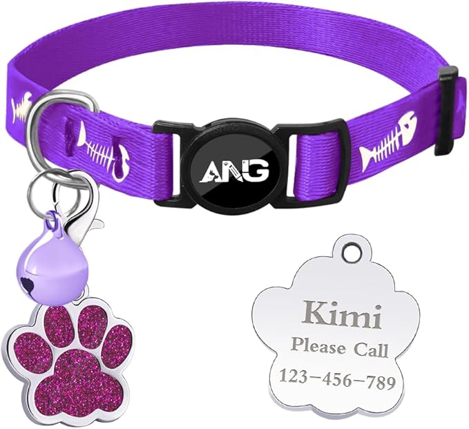 Personalized Breakaway Cat Collars Glow-in-The-Dark with ID Tag, Bell - Safety Quick - Release, Customizable for Female Male Kittens & Cats (Purple)-Mewly Pet